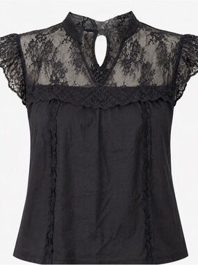 Black Lace Blouse Sheer Yoke Keyhole Neck Flowy Top